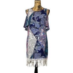 Pink Owl Boho Tassel Cold Shoulder Mini Dress S